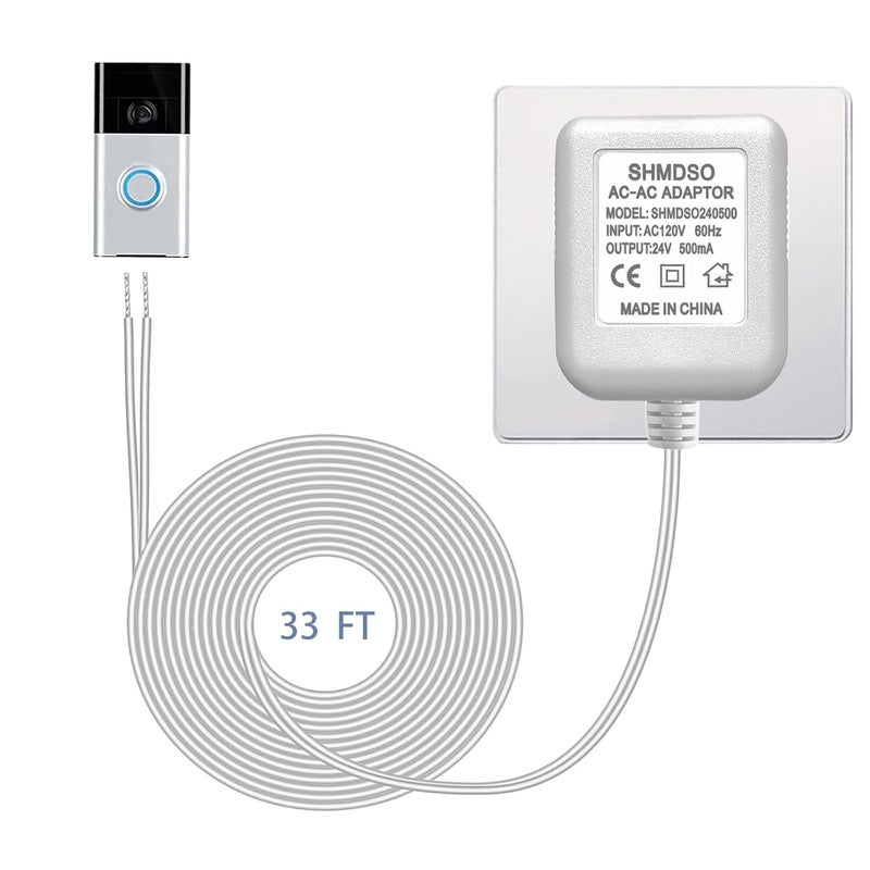 SHMDSO 24V Doorbell Transformer，33 Feet Length Output Line 24V500mA Video Doorbell Power Adapter, Compatible with Arlo, Nest, Wyze, Eufy, Ring Doorbell Power Supply （White 33 feet） - Image 1